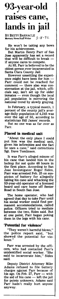 95-year-old raises cane, lands in jail, newspaper clipping