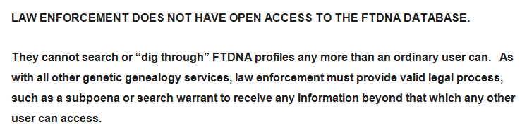 Law enforcement does NOT have open access to the FTDNA database - click to learn more.