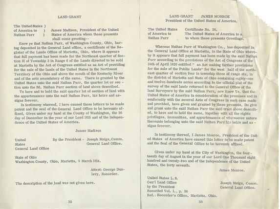 Land Grants from Presidents Madison and Monroe to Nathanial Parr, Marietta, Meigs County, Ohio – 1815-1822