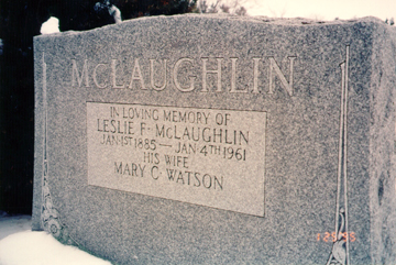 headstone for Leslie McLaughlin d. 04 Jan 1961 wife Mary C. Watson