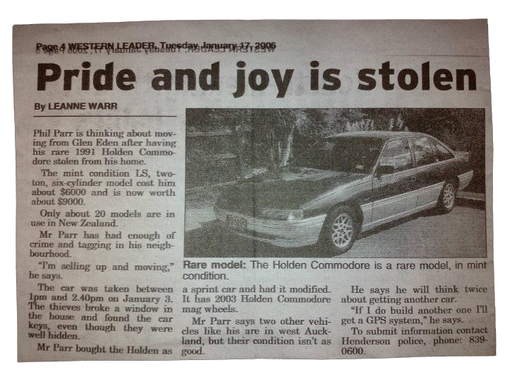 Pride and joy is stolen, newspaper clipping about Phil Parr's car being stolen