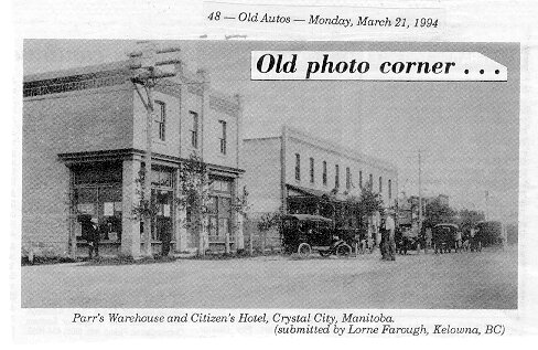 Old photo corner. Parrs Warehouse and Citizen's Hotel, Crystal City, Manitoba, newspaper clipping