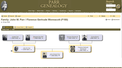 screen print of Parr Genealogy database